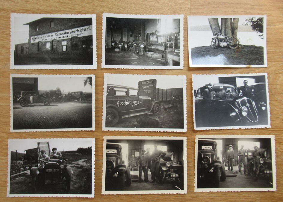 9 old photos motorcycle and car repair shop in Belzig 1930s