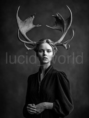 Dark Fantasy Deer Woman 2 Portraits Gothic Wall Art Digital Download B&W AI File