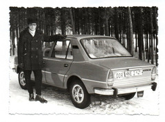 Photo GDR man at car Skoda 120 automobile motor vehicle vintage
