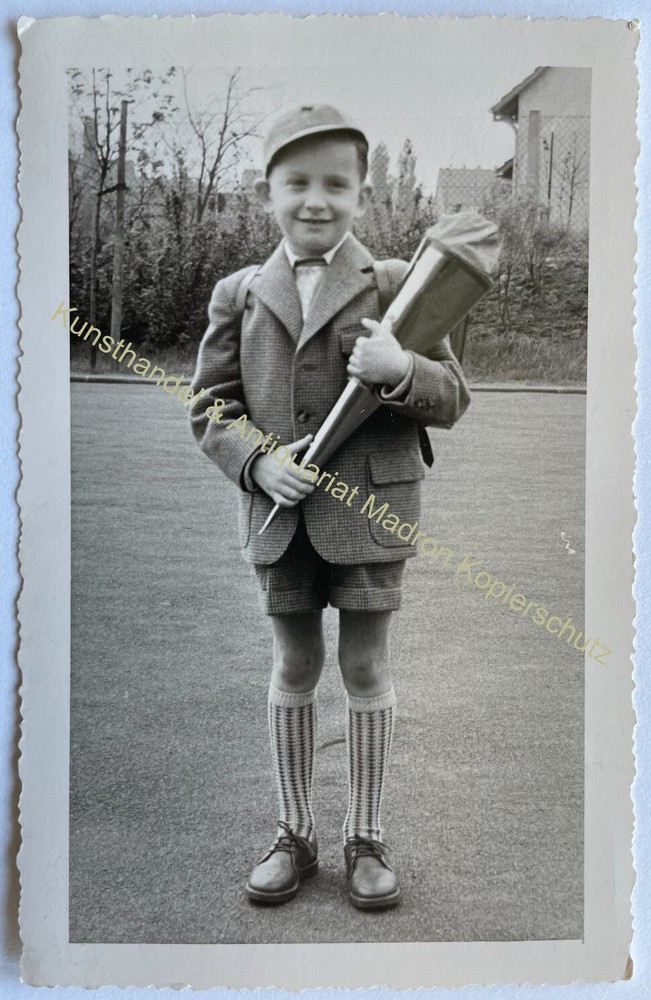 orig. Photo postcard child children fashion around 1950 boy school bag school enrollment