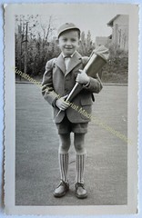 orig. Photo postcard child children fashion around 1950 boy school bag school enrollment