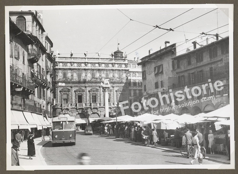 Photo Verona Italy Tram Market Stalls Old Town People 1950s