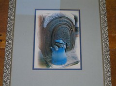 Gray Kitten Photograph w Antique Blue Enamel Coffee Pot Framed in Rose & Leaf