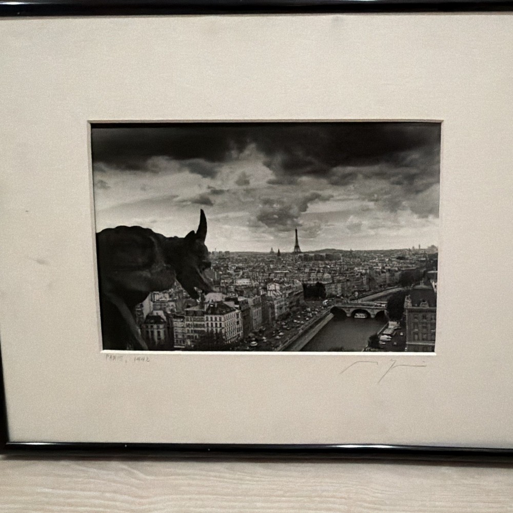 Signed Matted & Framed Black & White Paris Cityscape Eiffel Tower River Dog