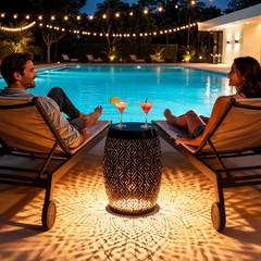 18″ Cutout Metal Outdoor Side Table with 3-Mode LED Lights, Modern Decorative Dr