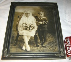 ANTIQUE WEDDING LADY DRESS BOY CHILD FUNERAL ART PHOTO PICTURE WOOD GLASS FRAME