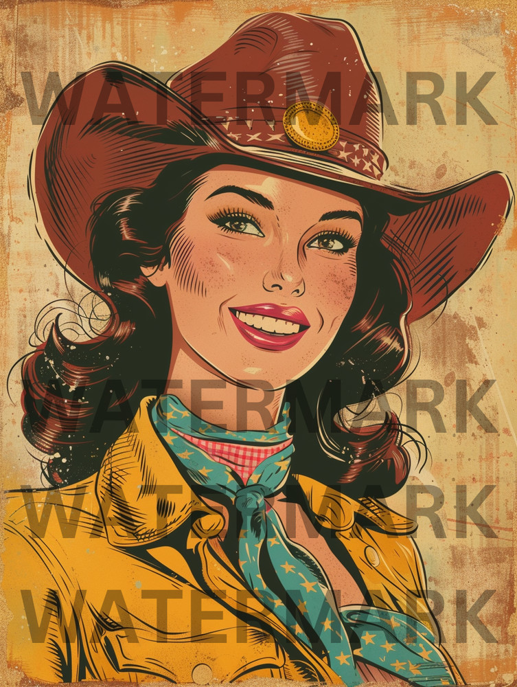 Digital Image Vintage Retro Portrait Cowgirl Woman Wallpaper Photo AI Art
