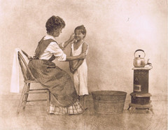 Hendrickson Orig Photo Sepia LITTLE GIRL Bedtime Washing w/MOM Wood Stove 11×14″
