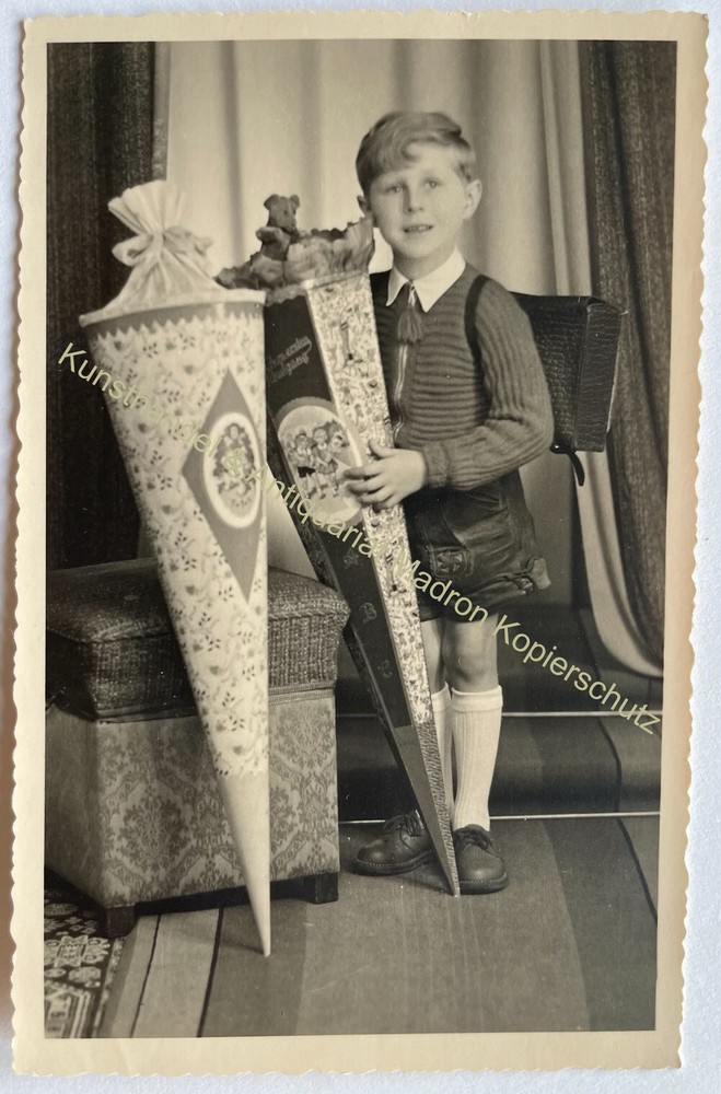 orig. Photo postcard child children fashion around 1945 school bag boy enrolment school