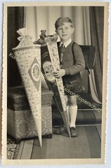 orig. Photo postcard child children fashion around 1945 school bag boy enrolment school