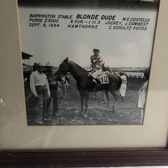 rare vintage black & white photograph of jockey, J. combest riding blonde Dude