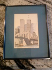 Bruce Arvon Brooklyn Bride/World Trade Center Drawing Framed and Matted 8 x 10