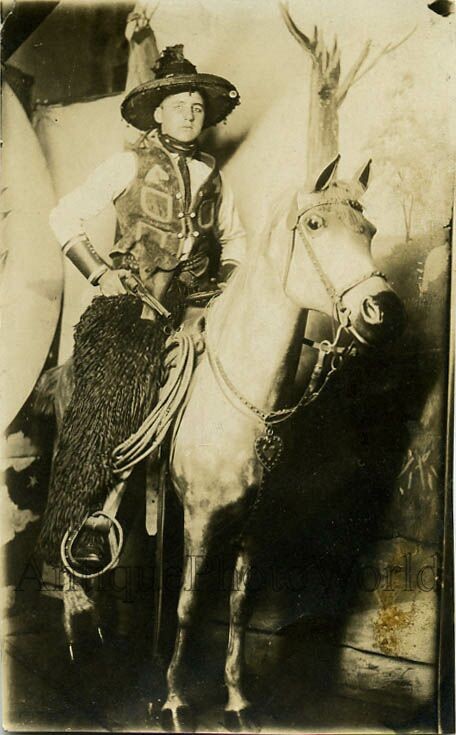 Man as cowboy w gun & fake horse antique photo