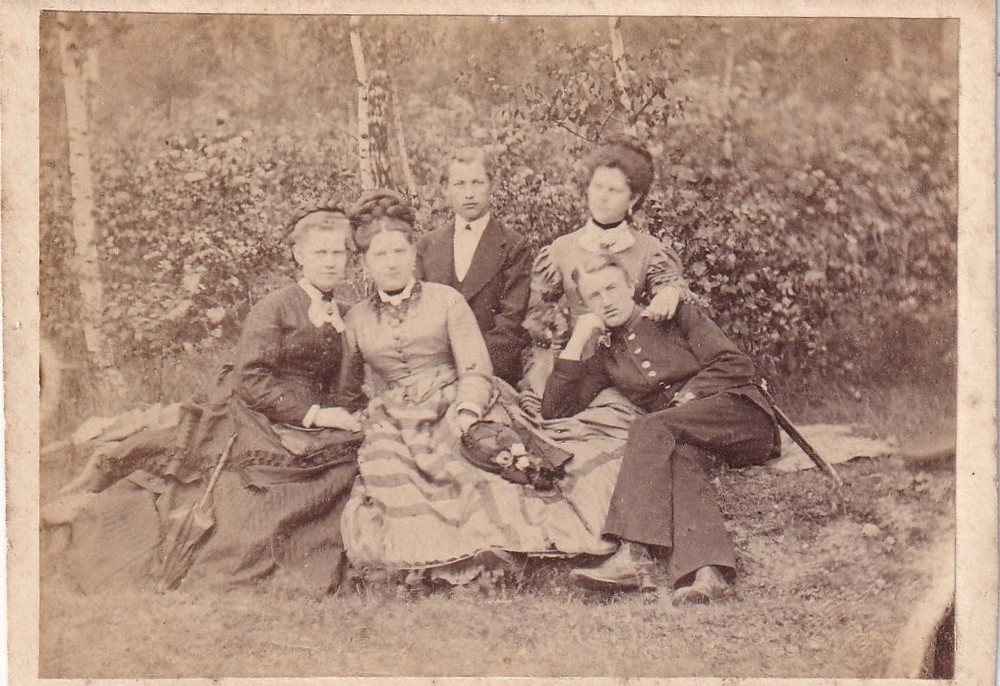 Photo on Cardboard – Group of People with Soldier Exterior Shot – Circa 1870s