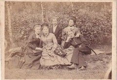 Photo on Cardboard – Group of People with Soldier Exterior Shot – Circa 1870s