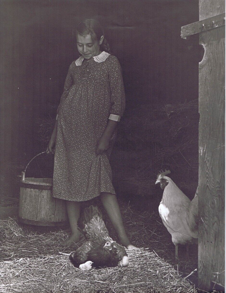 Hendrickson Orig Photo B&W 10×13 Little Farm Girl Bucket Baby Chicks Chickens