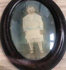 Large Antique Oval Bubble Glass Sepia Photo Child Portrait BOY IN SAILOR SUIT