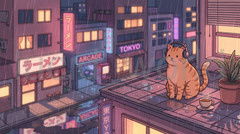 Lo-fi Cat Tokyo Rooftop Digital Download 4K Wallpaper Rainy Anime Aesthetic Art