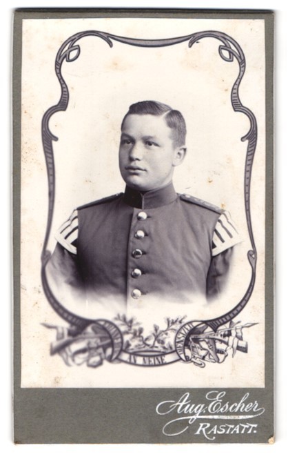Photograph Aug. Escher, Rastatt, soldier in musician uniform with swallow nests