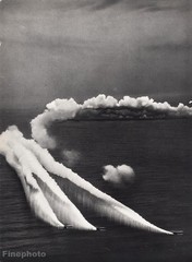 1931 Vintage 16×20 ~ AVIATION AIRPLANE Aerial Biplane Smoke Ocean Photo Gravure