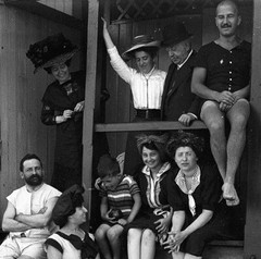 STEREO GLASS NEGATIVE, elegant girls and men on beach, swimsuits, rare, vintage