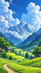 Mountain Valley Digital Art Print, Anime Nature Landscape Wall Art Download