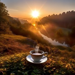 Digital Images Photo Wallpaper Background of a Cup of Coffee in Nature, Sunrise