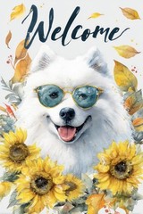 Welcome Sign Dog Digital Art – Samoyed with Sunglasses & Sunflowers – Cute Decor