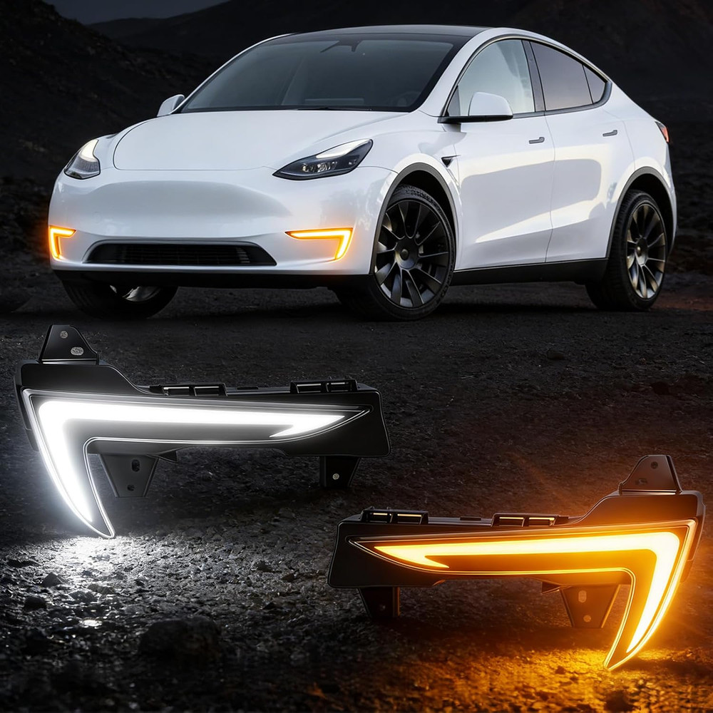 White & Yellow LED Front Daytime Running Lights DRL Fit for 2021-2023 Tesla Mode