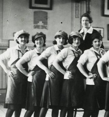 pretty school girls in shoemaker costume, funny, unusual, Vintage fine art Photo