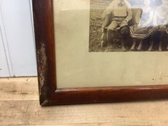 Antique Family Photo Wood Frame Children on Church Bench 3 Adults Brick Building