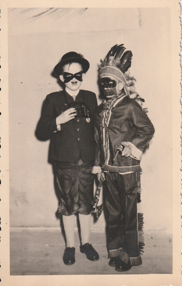 Photo Postcard Boys in Carnival Costume Cowboy and Indian Snapshot 1950s