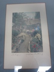 WALLACE NUTTING «GARDEN OF LARKSPUR» HAND TINTED FRAMED PHOTOGRAPH SIGNED