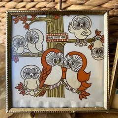 Owls Artwork and Vtg Napkin: Framed