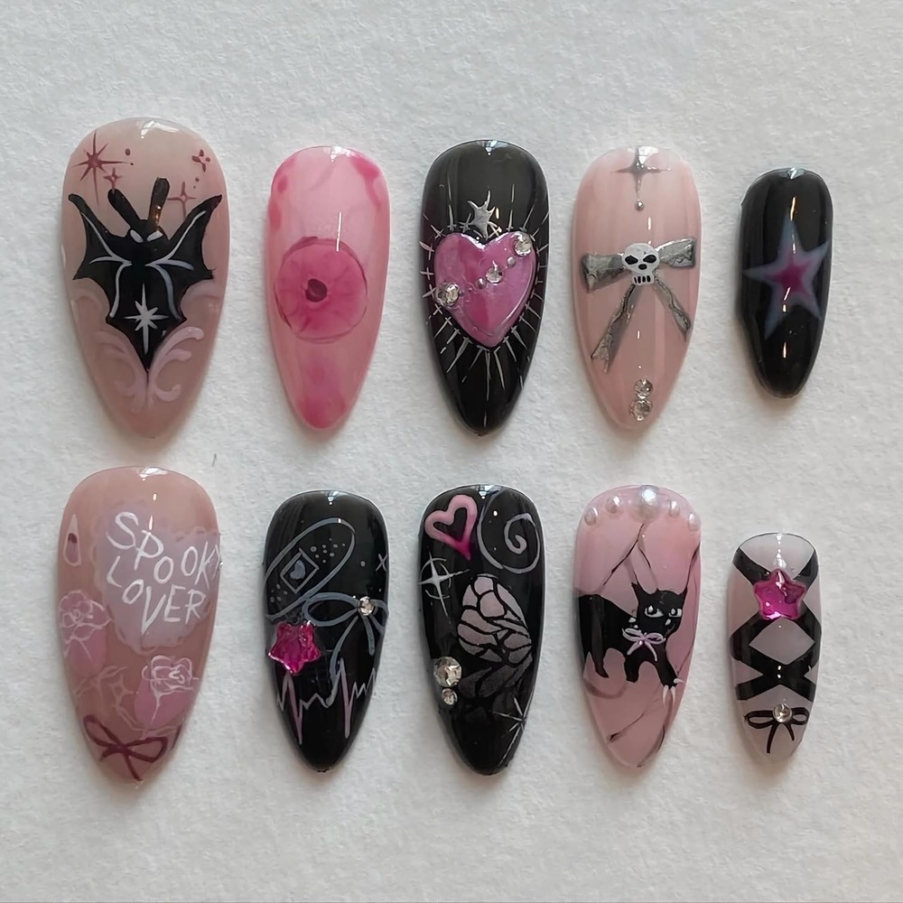 Halloween Artificial Nails, 24 Count Cute Black Cat and Bat Press on Na…