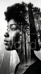 Woman in Forest Double Exposure Digital Download Printable Wall Art Black&White