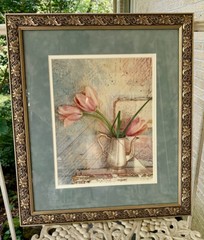 VTG Art Still Life Photo Print Tulips & Antique Brass Pitcher Framed/Matted VG