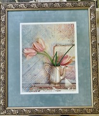 VTG Art Still Life Photo Print Tulips & Antique Brass Pitcher Framed/Matted VG