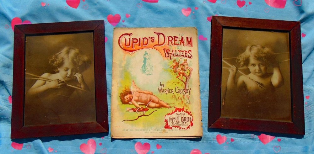 Original Framed 1897 Cupid Awake & Asleep Photos with Rare Sheet Music