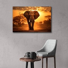 Elephant Canvas Wall Art, Sunset Nature Photo Pictures Large African Elephant
