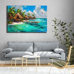 Bora Bora Oil Painting, Bora Bora Beach Landscape, Palm Trees Tiki Hut Wall Art