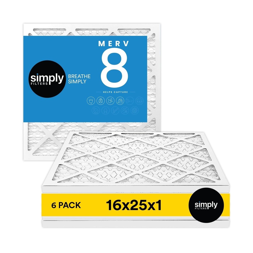 16x25x1 Inch MERV 8 Air Filter, 6 Pack, for AC Furnace and HVAC