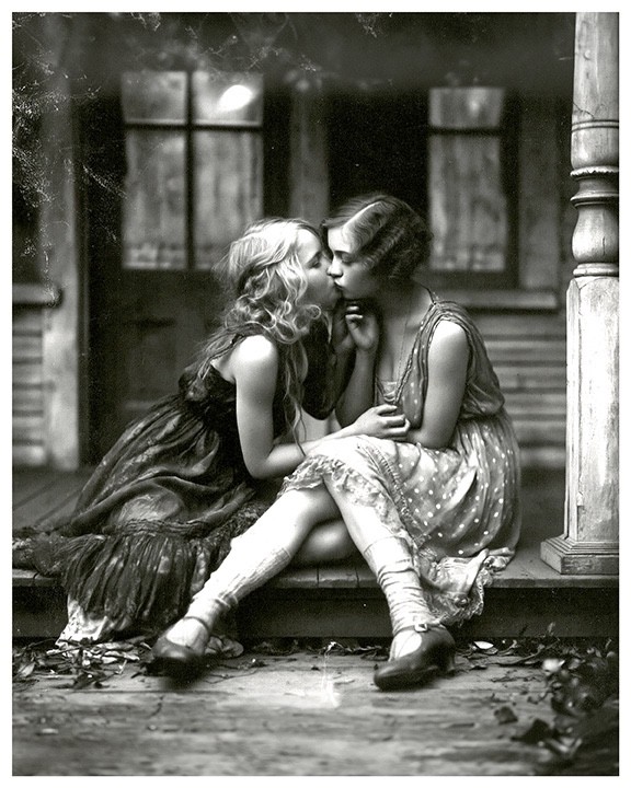 Girls Kissing on Stoop Photo Art Print, Vintage photography 8X10 Inches