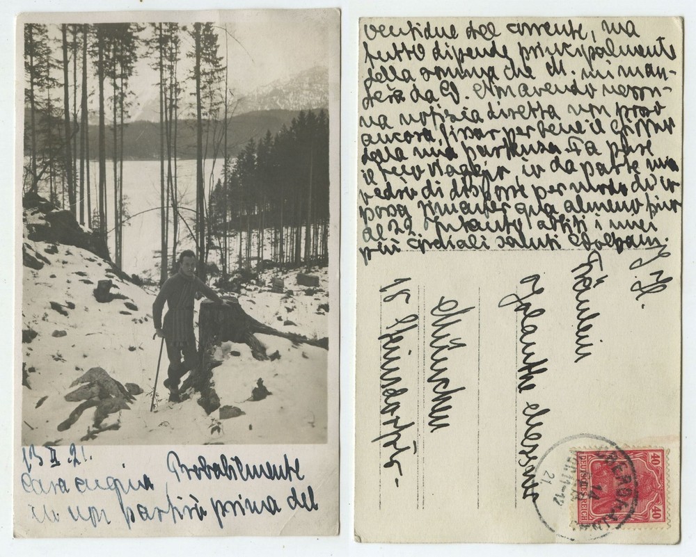 84019 – Hikers in the Winter Forest – Photo as Postcard, Obergrainau 14.2.1921