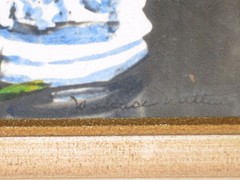 Wallace Nutting Miniature Hand Colored Photo Floral Bouquet Blue & White Pot