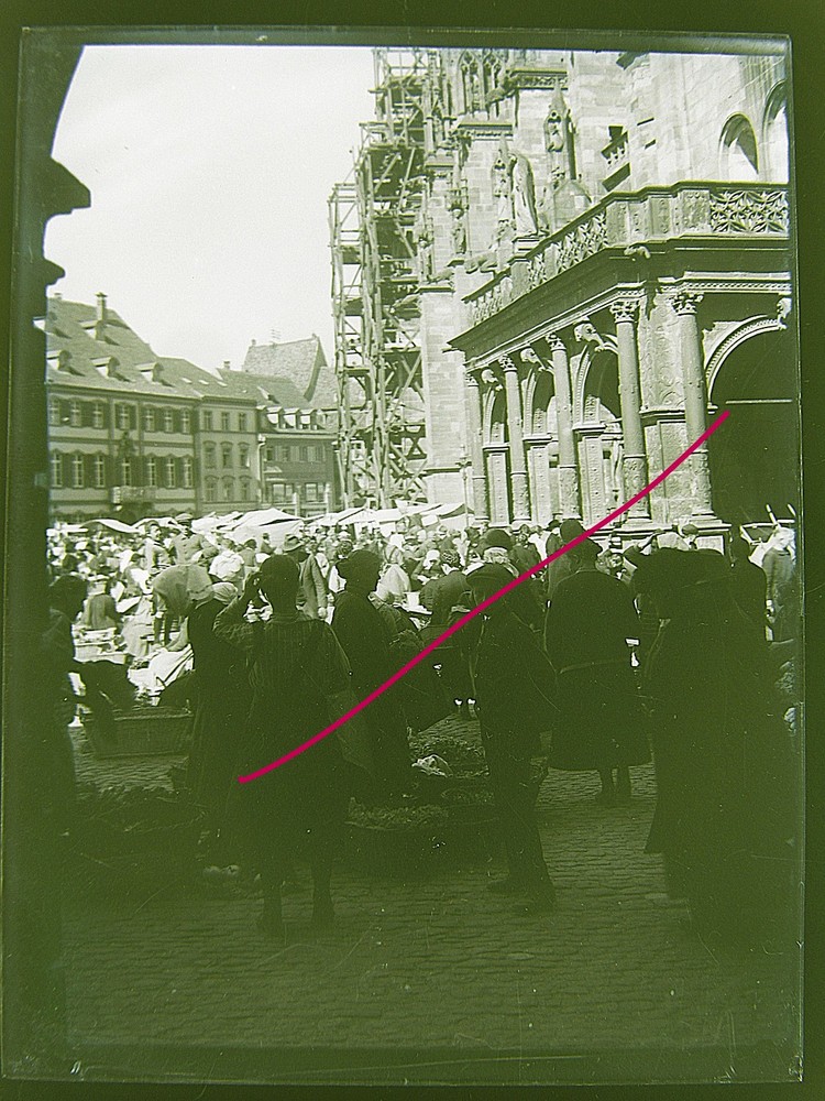 Freiburg Market around 1920 with Old Münster Portal Historic Glass Negative