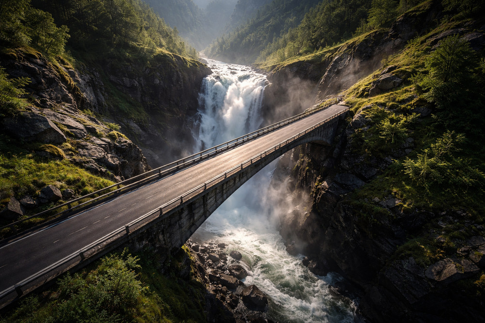 AI Generated Waterfall Canyon Bridge Landscape Wall Art Printable | Download 43