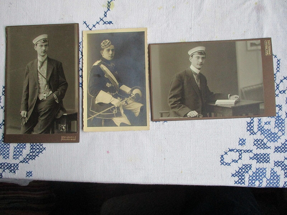 3xStudentika Marburg ca 1910 schagende Verbindung 2×10,5×16,5+1x14x9 cm