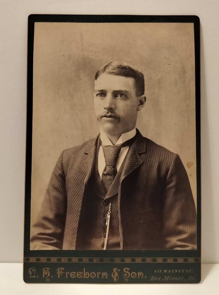 Antique Cabinet Card Nicely Dressed Young Man with Mustache Des Moines Iowa