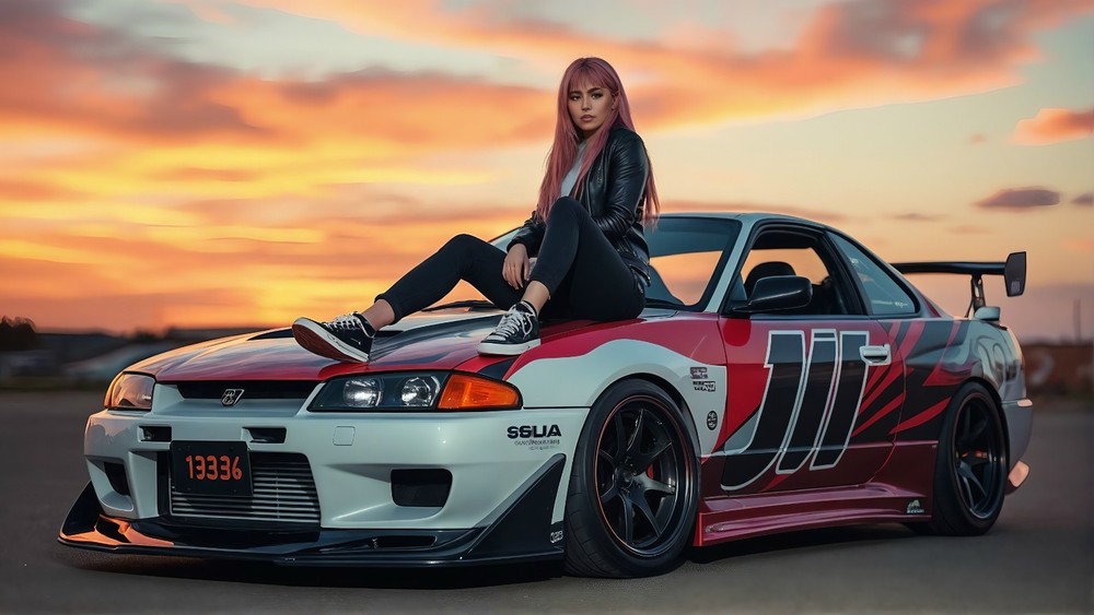 Amazing Nissan and Girl digital wallpaper (2880×1620)
